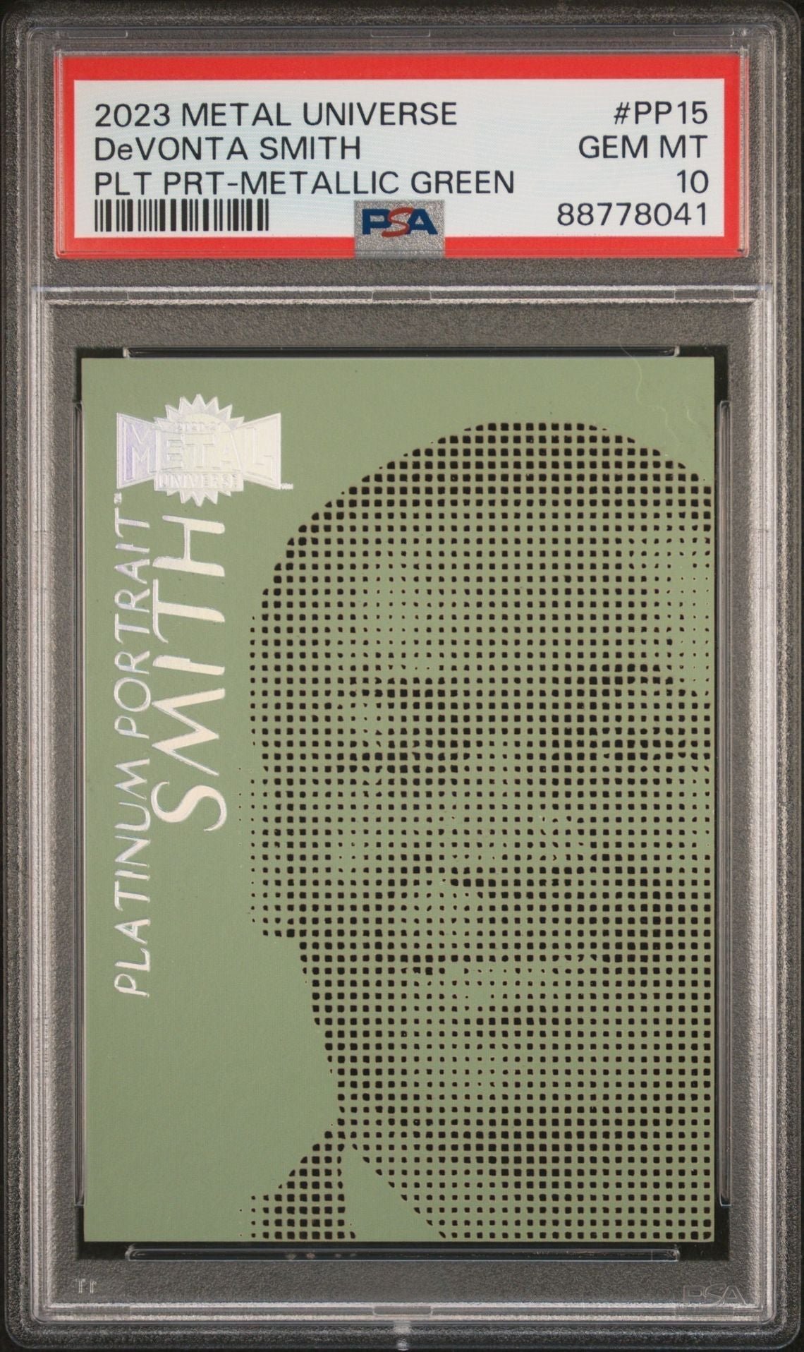 DeVonta Smith 2023 Skybox Metal Universe Platinum Portraits Metallic Green PSA 10 - Graded Card